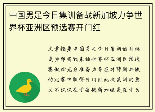 中国男足今日集训备战新加坡力争世界杯亚洲区预选赛开门红